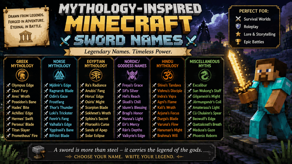 Mythology-inspired Minecraft sword names featuring legendary names from Greek, Norse, Egyptian, Hindu, and other mythologies.