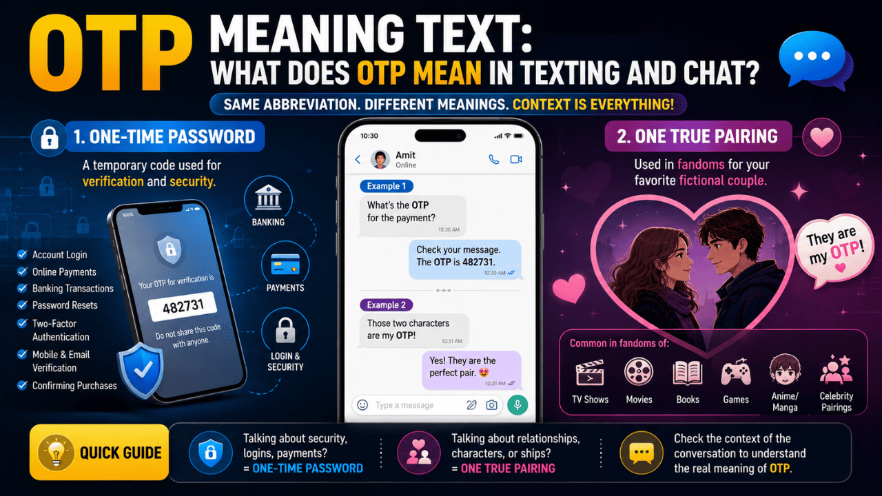 OTP meaning text feature image showing “one-time password” for security and “one true pairing” for fandoms, with examples and context clues.