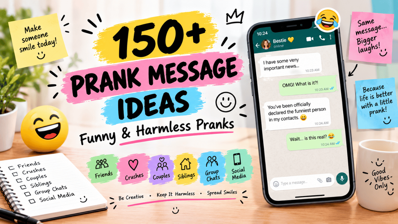 150+ prank message ideas feature image showing a smartphone chat, colorful sticky notes, playful emojis, and categories for friends, crushes, couples, siblings, group chats, and social media.