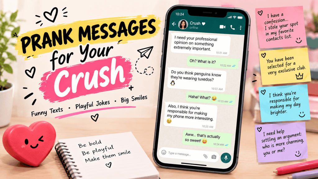 Prank messages for your crush feature image showing a smartphone chat with playful texts, heart doodles, colorful sticky notes, and cute ideas for making your crush smile.