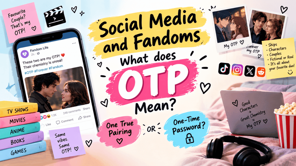 Social media and fandoms OTP meaning feature image showing a smartphone fandom post, fictional couple imagery, social media icons, and explanations of OTP as “One True Pairing” and “One-Time Password.”