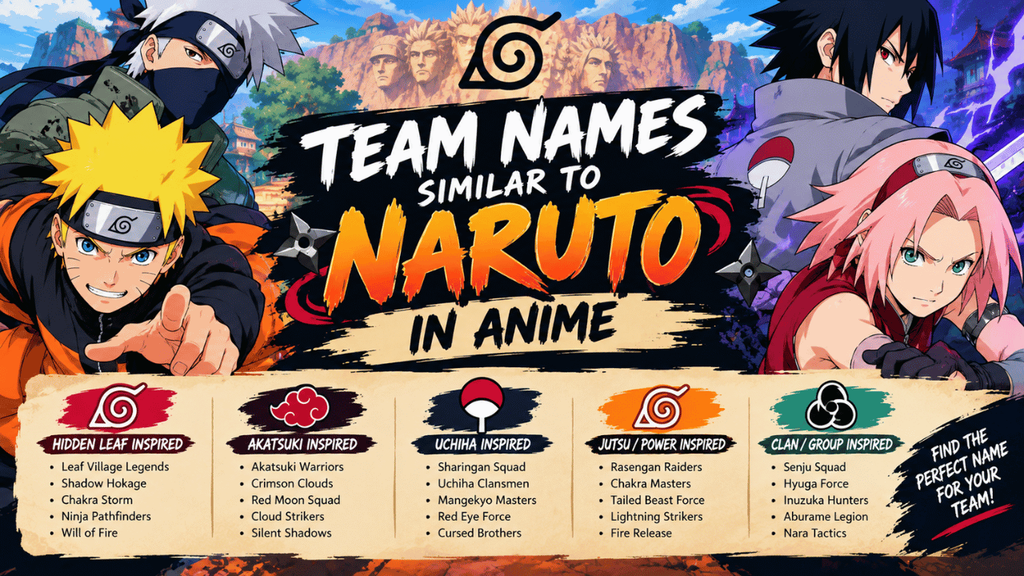 Anime team names similar to Naruto featuring ninja-inspired characters, Hidden Leaf themes, Akatsuki motifs, Uchiha references, and powerful team name ideas.