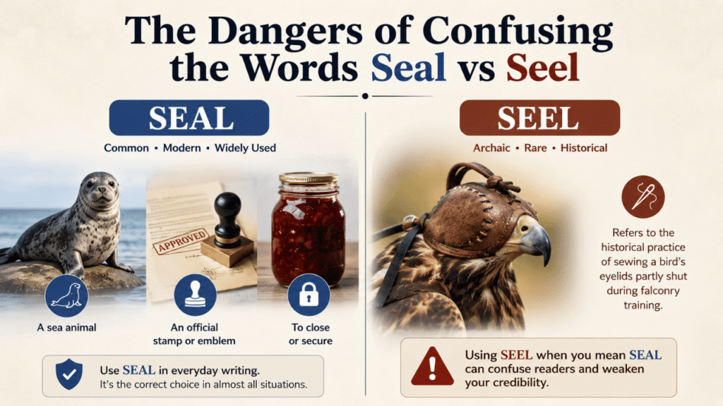 The dangers of confusing Seal vs Seel, showing the common uses of “seal” and the rare historical falconry meaning of “seel.”