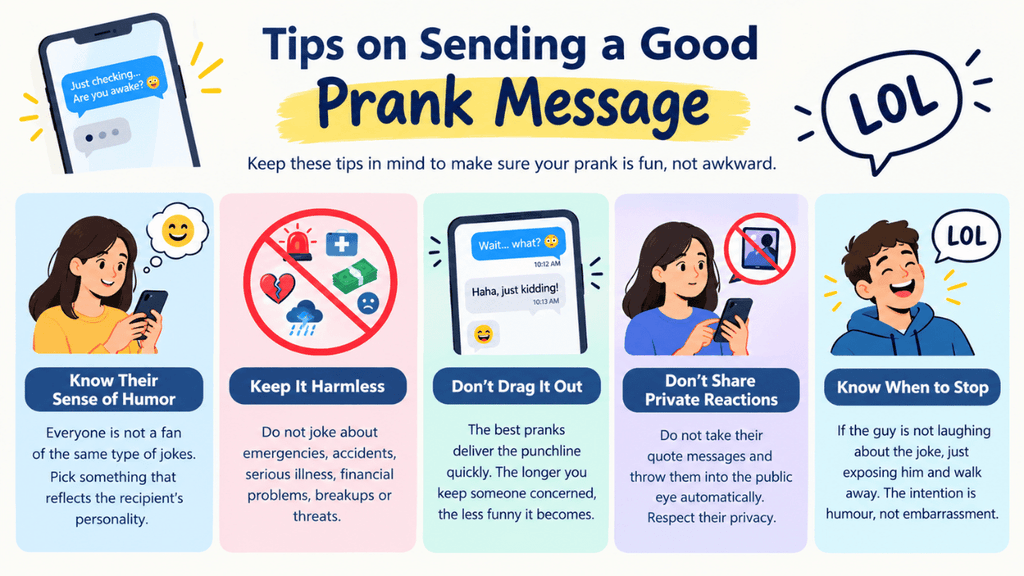 Tips on sending a good prank message, including keeping pranks harmless, knowing the recipient’s humor, respecting privacy, and knowing when to stop.