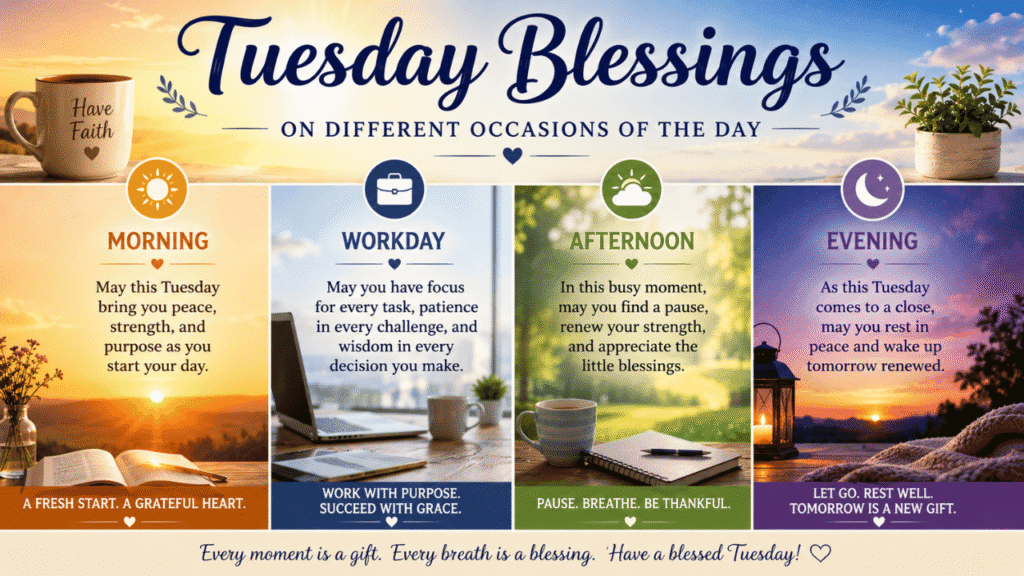 Tuesday blessings for morning, workday, afternoon, and evening, featuring peaceful scenes, prayer, gratitude, and inspirational messages.