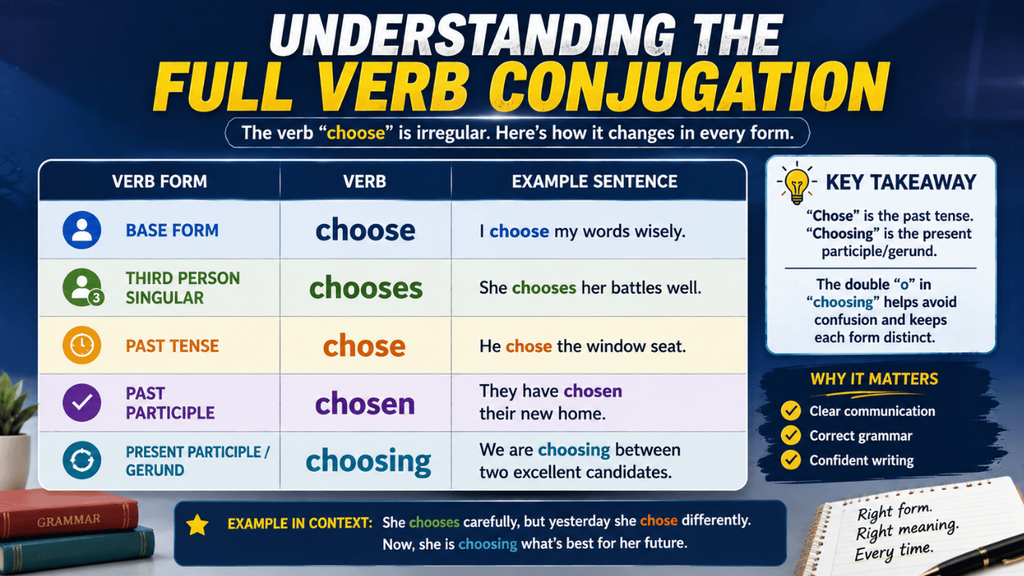 Understanding the full verb conjugation of “choose,” showing choose, chooses, chose, chosen, and choosing with example sentences.