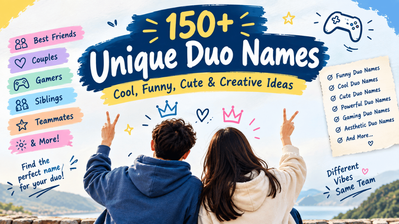 150+ unique duo names feature image featuring two friends, colorful doodles, and categories for cool, funny, cute, gaming, couple, sibling, and creative duo names.