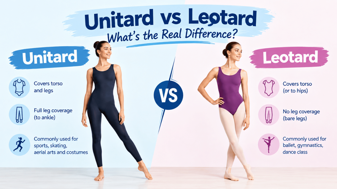 Unitard vs leotard comparison showing differences in leg coverage, fit, and common uses for dance, gymnastics, skating, and sports.
