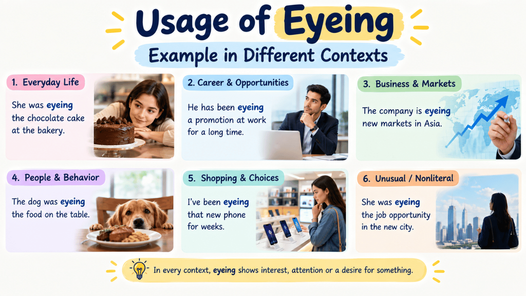 Usage of eyeing in different contexts, including everyday life, career, business, shopping, and opportunities.