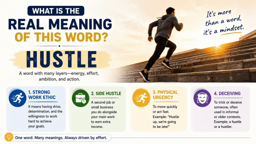 What is the real meaning of “hustle”? An infographic explaining hustle as strong work ethic, a side hustle, moving quickly, and the less common meaning of deception.