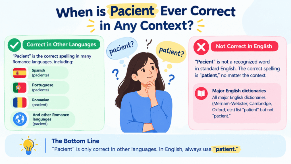 Pacient vs patient showing correct spelling in English and other languages