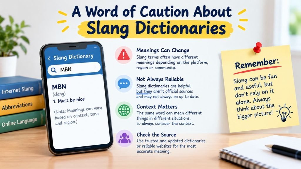 A word of caution about slang dictionaries, highlighting the importance of checking reliable sources, understanding context, and verifying slang meanings such as MBN.