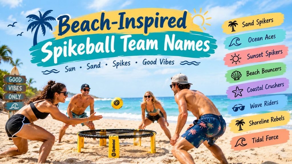 Beach-inspired Spikeball team names feature image showing friends playing Spikeball on a sunny beach with ocean, palm trees, and team name ideas like Sand Spikers, Ocean Aces, Sunset Spikers, and Wave Riders.