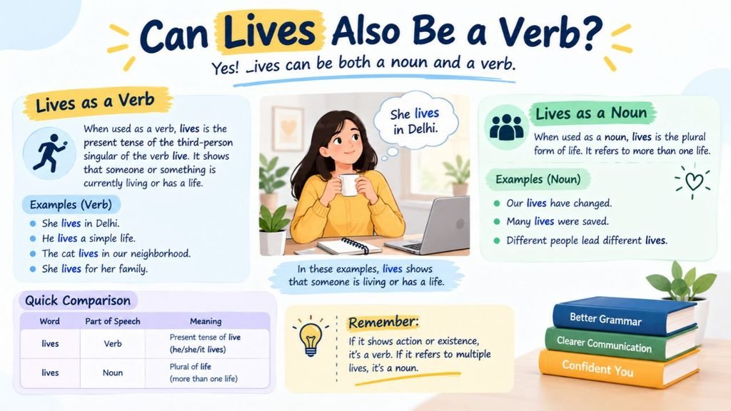 Can lives also be a verb? Infographic explaining the difference between “lives” as a verb and a noun, with grammar rules, example sentences, and a quick comparison table.