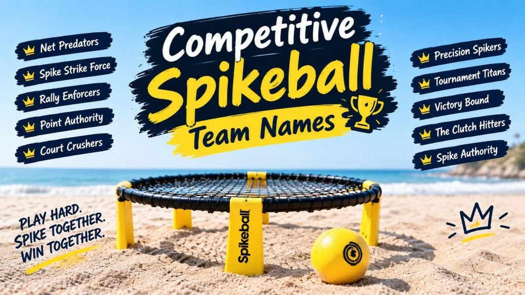 Competitive Spikeball team names banner featuring a Spikeball net and ball on a beach, with trophy-themed graphics and strong team name ideas for tournaments.