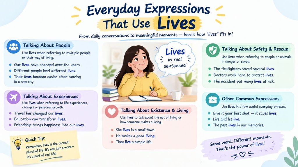 Everyday expressions that use lives infographic showing examples related to people, safety and rescue, life experiences, and common phrases, with grammar tips explaining the correct use of “lives” as a noun and verb.