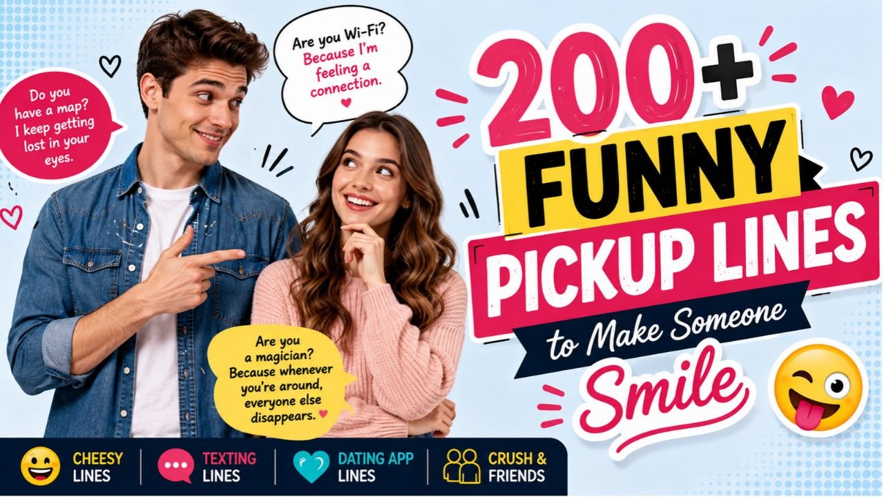 200+ funny pickup lines feature image showing a playful couple, cheesy speech bubbles, and categories for texting, dating apps, crushes, and friends.