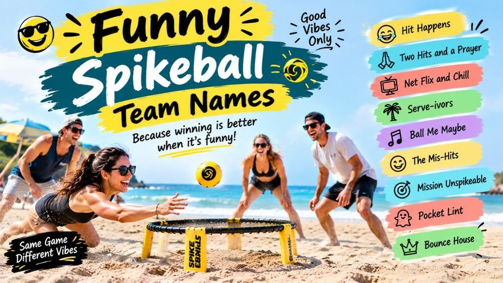 Funny Spikeball team names feature image showing friends laughing and playing Spikeball on a sunny beach with humorous team name ideas like Hit Happens, Net Flix and Chill, and Bounce House.