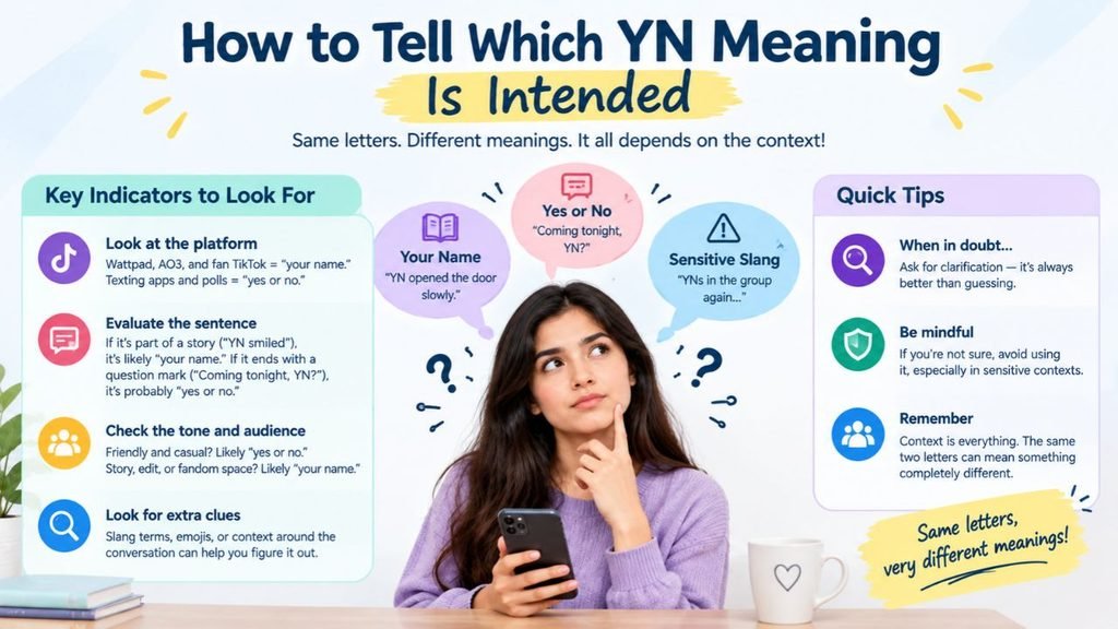 How to tell which YN meaning is intended by checking the platform, sentence, tone, audience, and context, with examples of “your name,” “yes or no,” and sensitive slang.