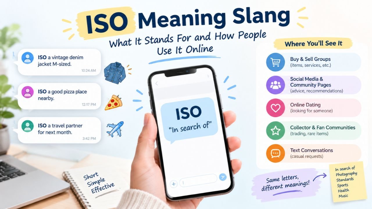 ISO meaning slang explained with examples of “in search of” in text messages, social media, online marketplaces, dating profiles, and community groups.