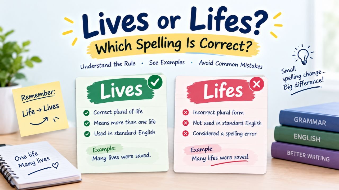 Lives or lifes spelling guide infographic comparing the correct plural “lives” with the incorrect spelling “lifes,” featuring grammar rules, example sentences, and tips for remembering the correct spelling.