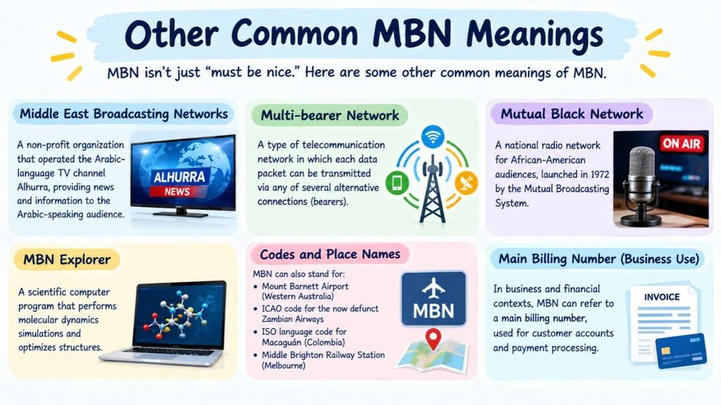 Other common MBN meanings, including Middle East Broadcasting Networks, multi-bearer network, Mutual Black Network, MBN Explorer, airport codes, and main billing number.