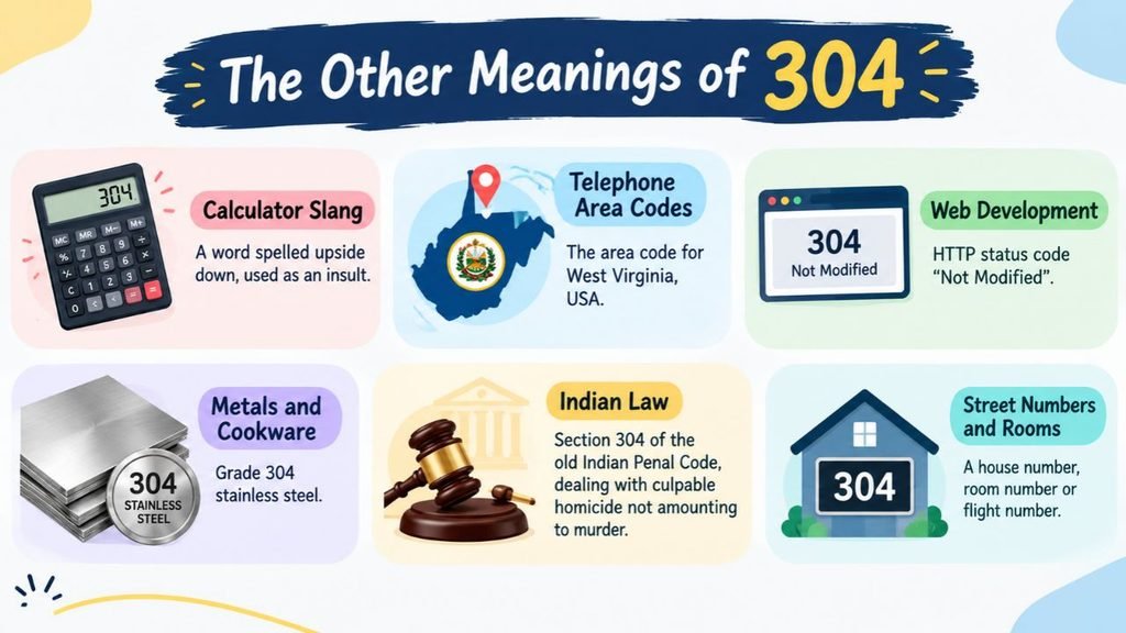 Infographic explaining the other meanings of 304, including calculator slang, West Virginia area code, HTTP 304 status code, Grade 304 stainless steel, Indian law Section 304, and house or room numbers.
