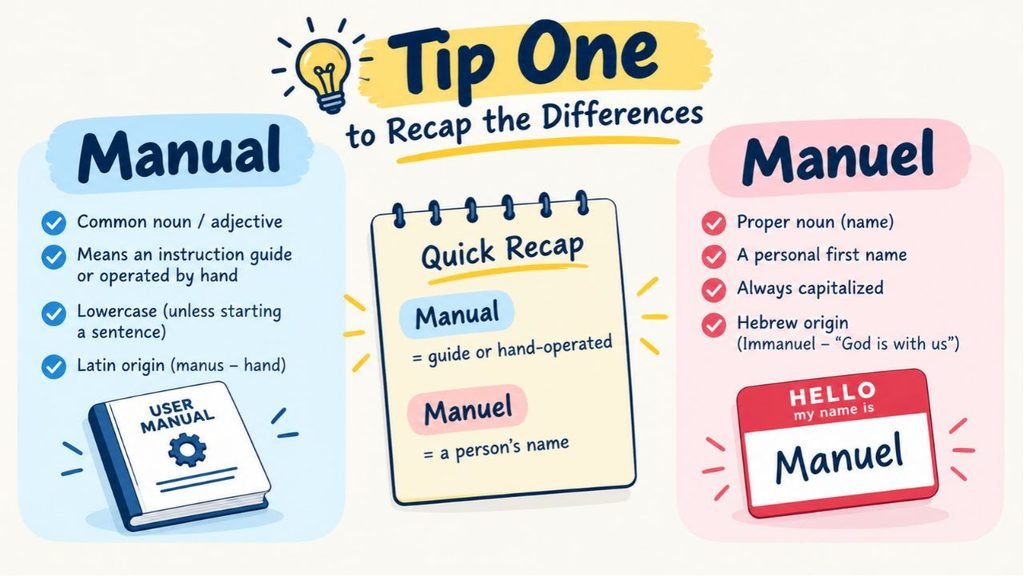 Tip One recap infographic comparing manual and Manuel, showing manual as a guide or hand-operated term and Manuel as a personal name.