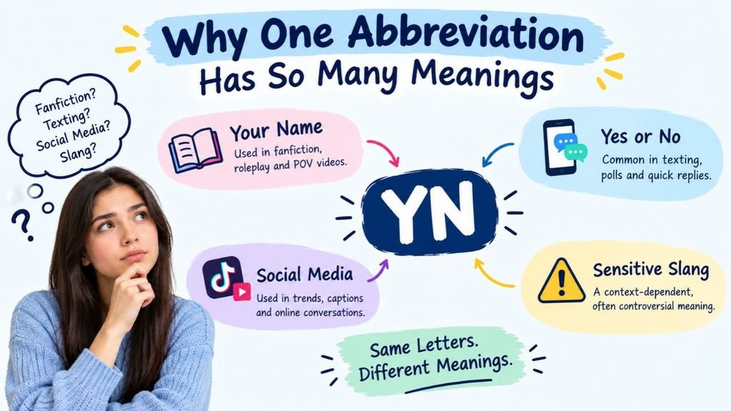 Why one abbreviation has so many meanings, illustrated with YN examples for fanfiction, texting, social media, and context-sensitive slang.